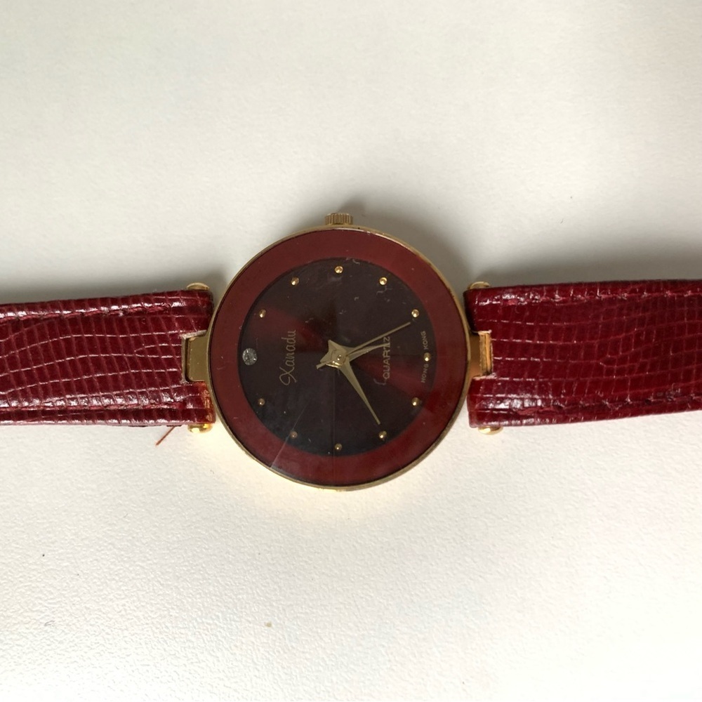 Xanadu Analog Wristwatch Red Genuine Leather Buckle Band Gold Tone